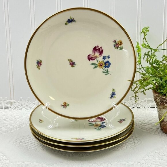 Vintage Hackefors 4 Dessert Bread Plates 32 Porslin Sweden Gold Trimmed Floral - Picture 1 of 9